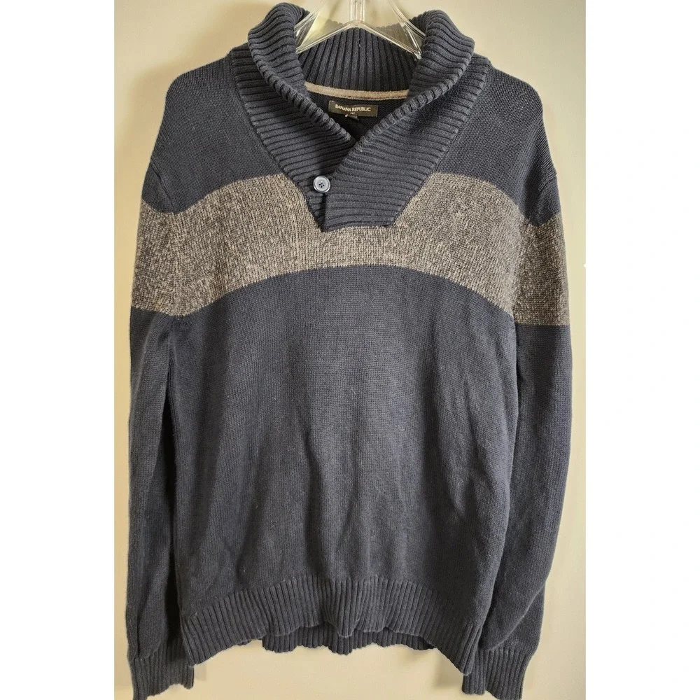 Banana Republic Shawl Collar Striped Knit Sweater Men's Size L Navy Grey